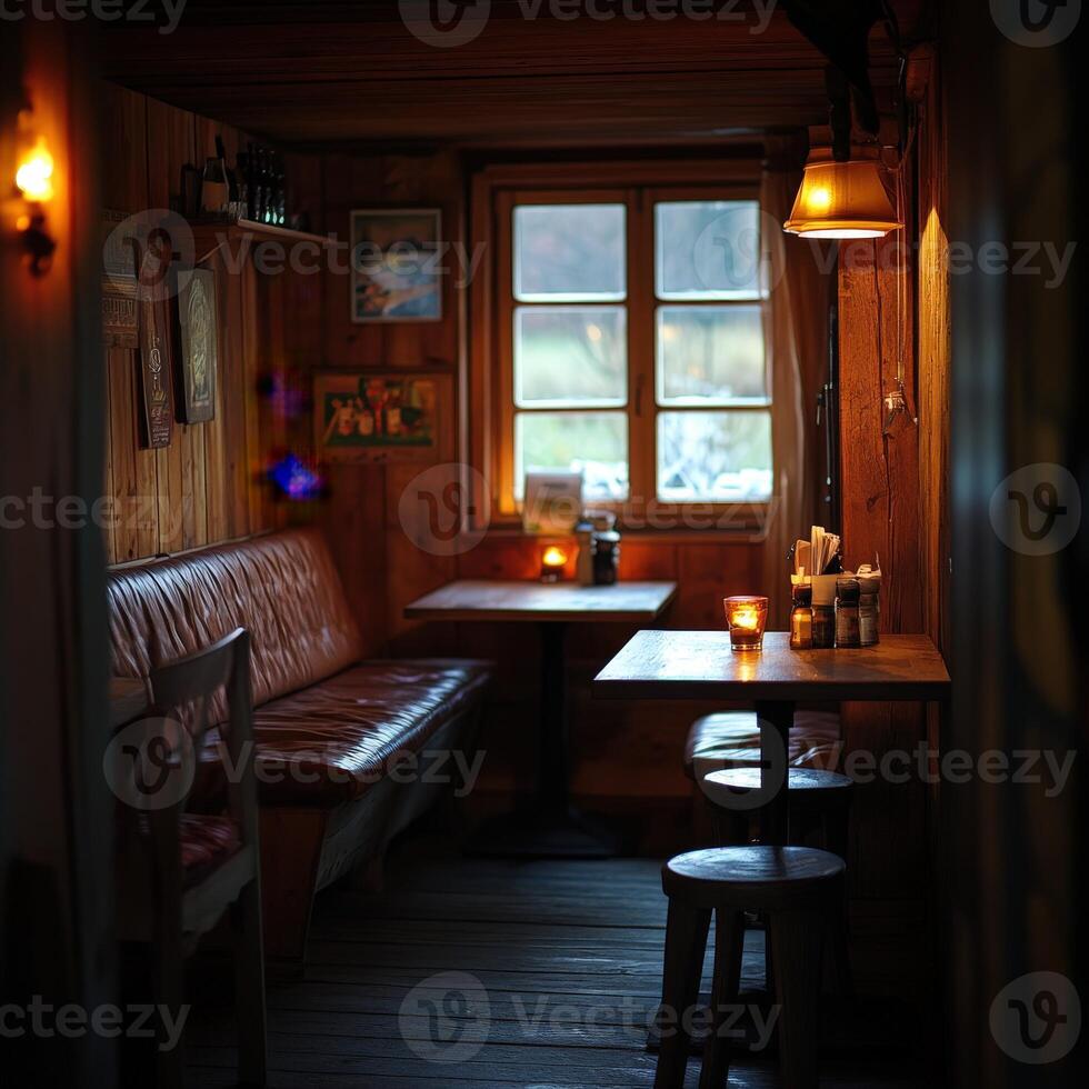 Cozy empty restaurant interior with warm lighting and wooden decor photo