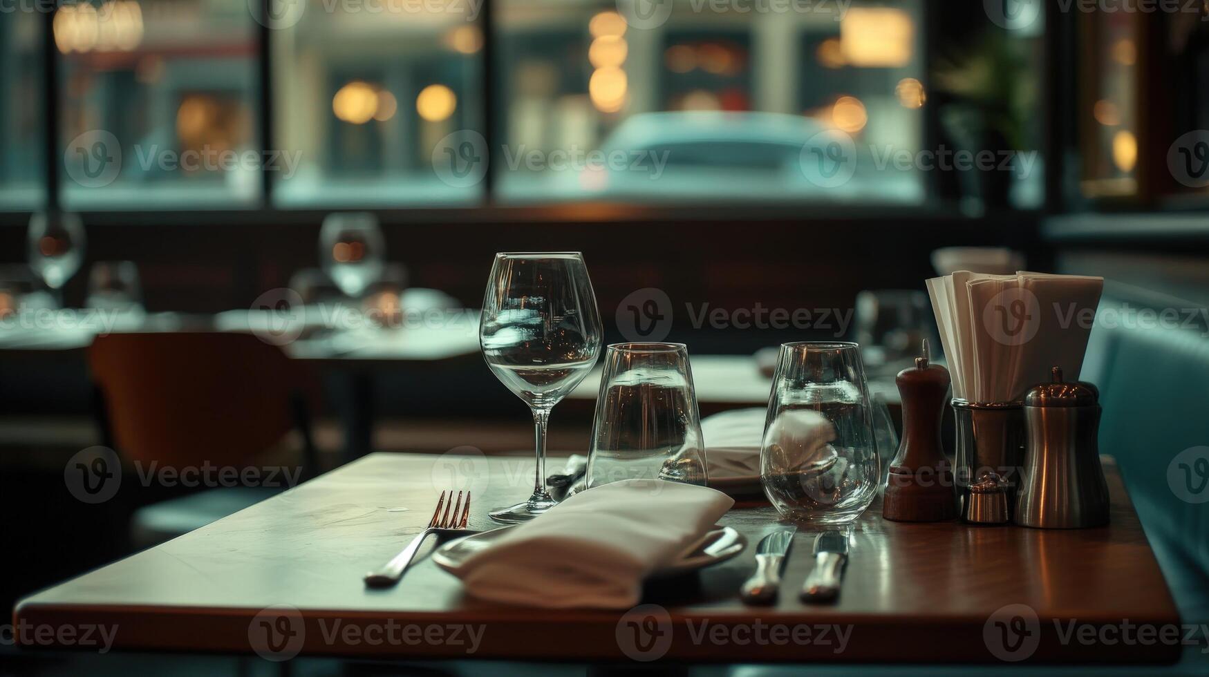 A table with empty wine glasses and silverware photo
