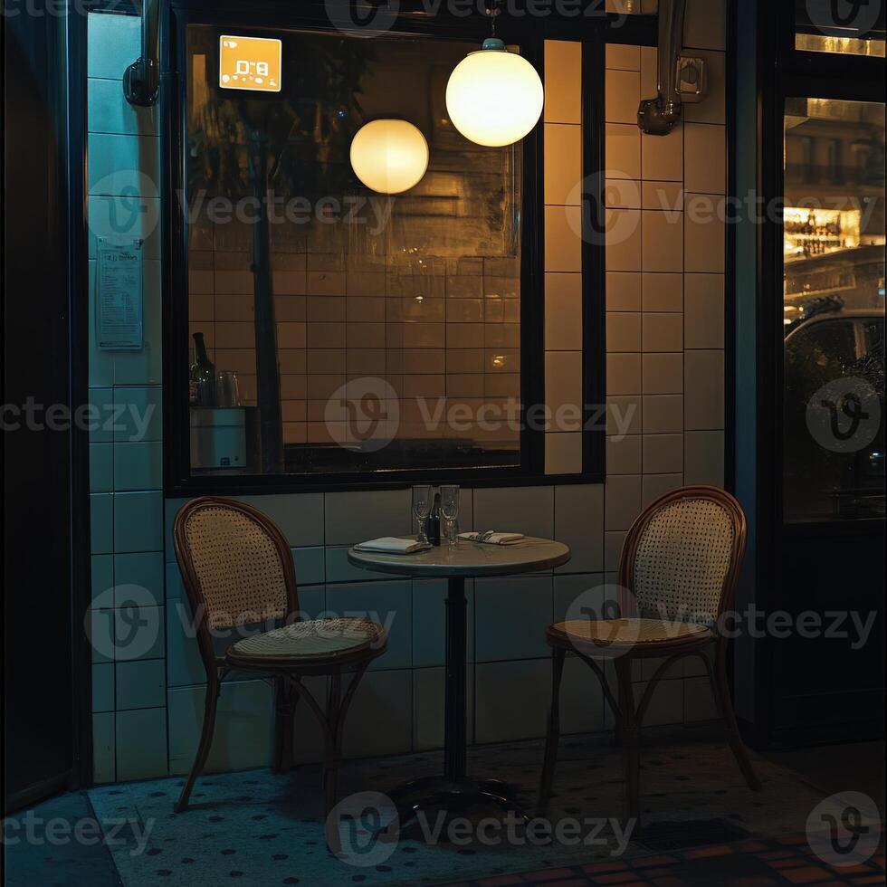 Cozy and inviting empty restaurant setting with warm lighting at night photo