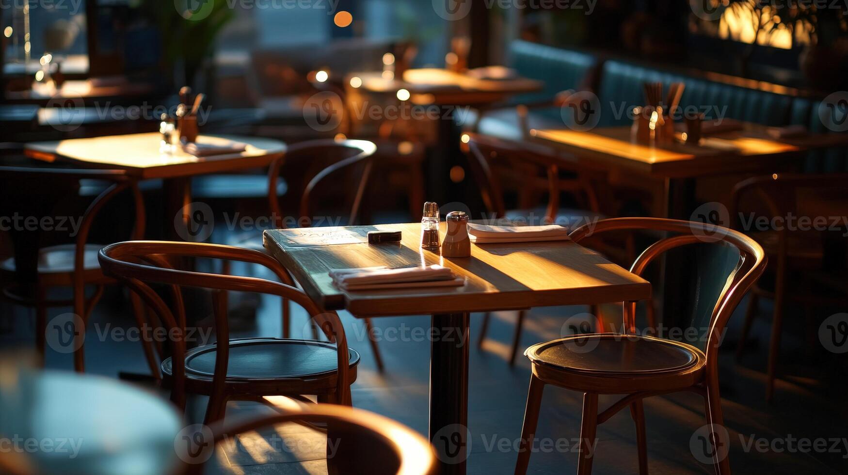 Cozy, empty restaurant with warm lighting inviting guests for dinner photo