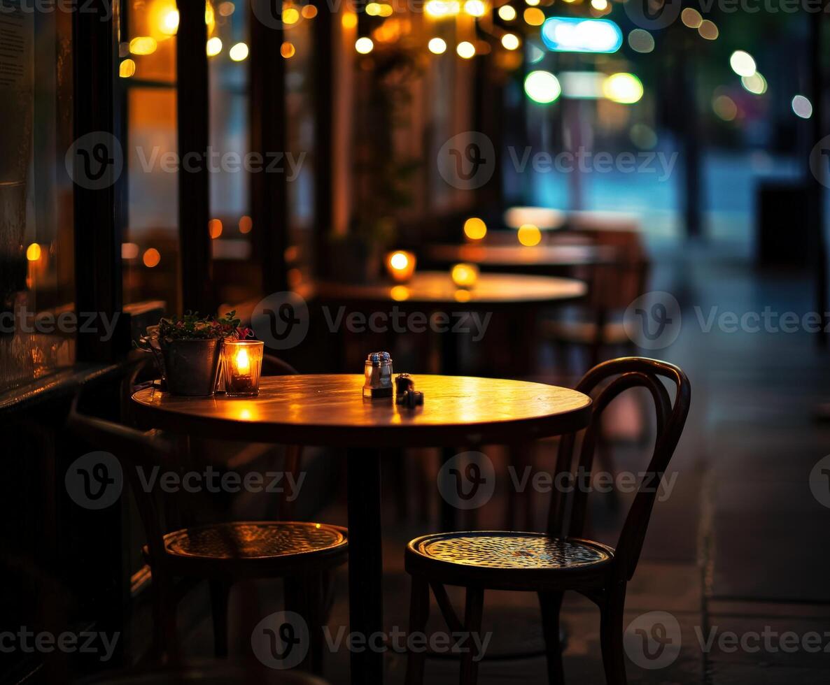 Cozy empty restaurant with candlelit tables during evening hours photo