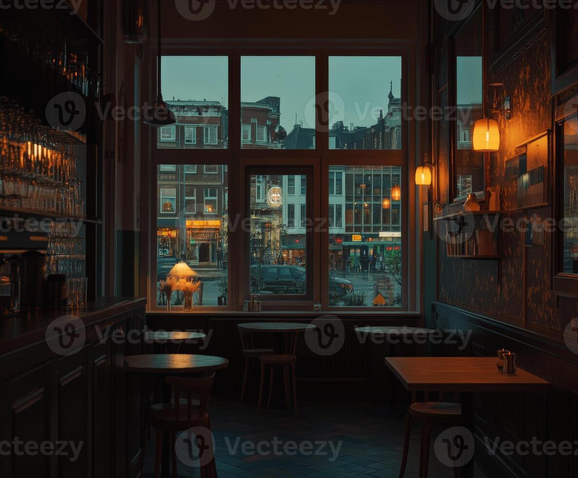 Cozy empty restaurant with large windows and warm lighting at dusk photo