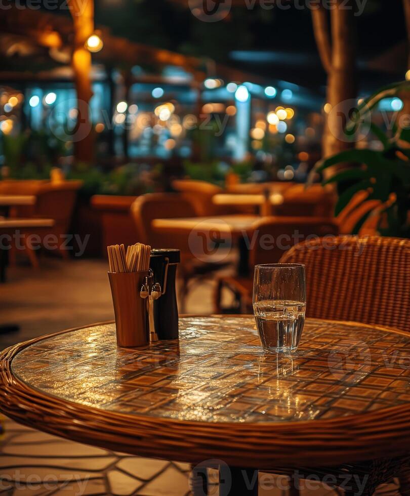 Cozy empty restaurant with warm lighting and inviting decor in the evening photo