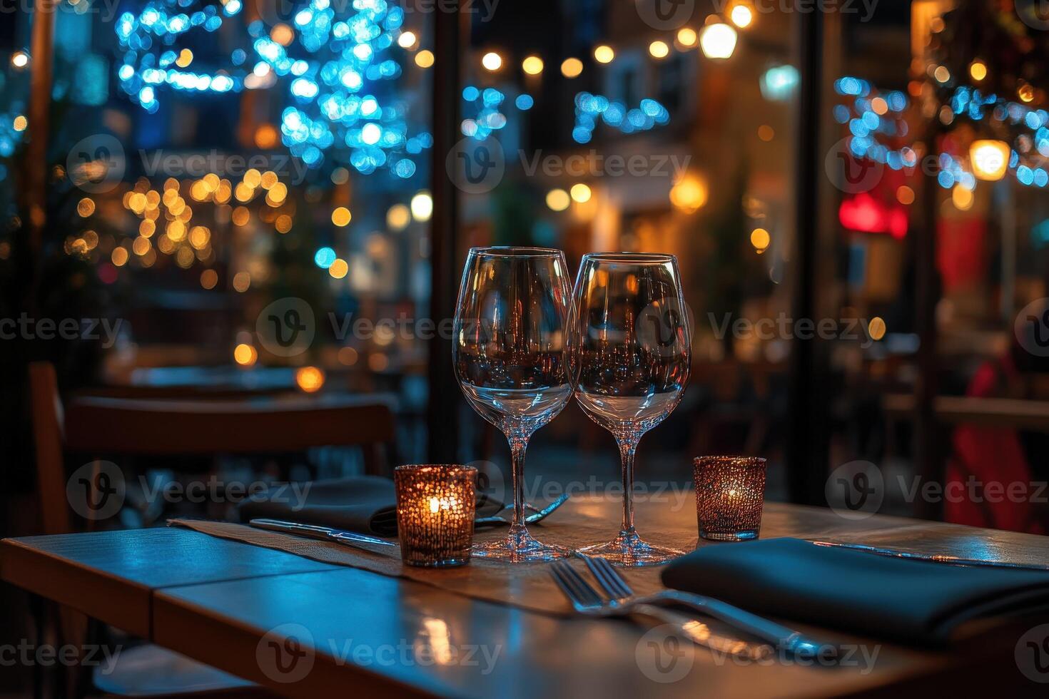 Cozy empty restaurant adorned with twinkling lights at night photo