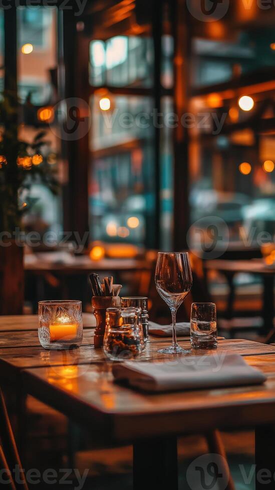 Cozy empty restaurant with warm lighting and elegant table settings photo