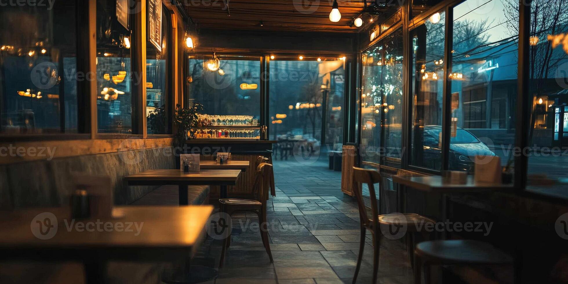 Empty cozy restaurant at dusk with warm lighting and inviting atmosphere photo