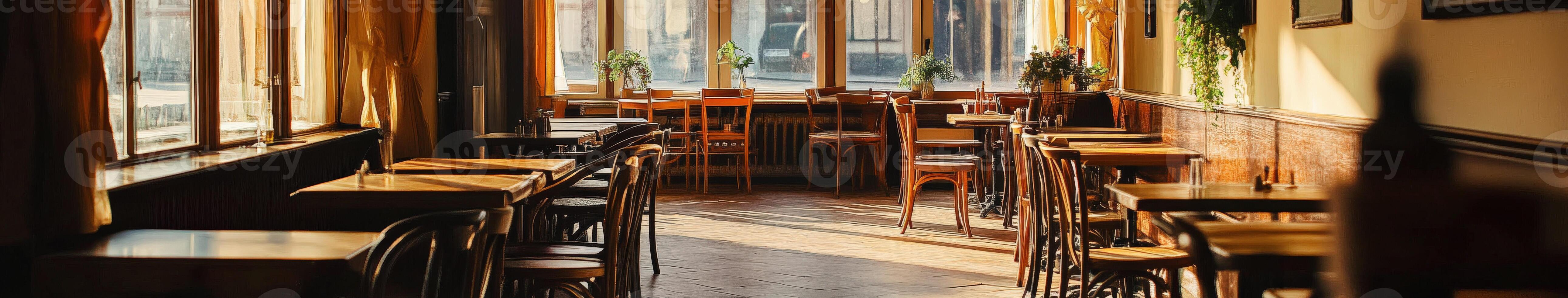 Cozy empty restaurant with natural light and simple wooden furnishings photo