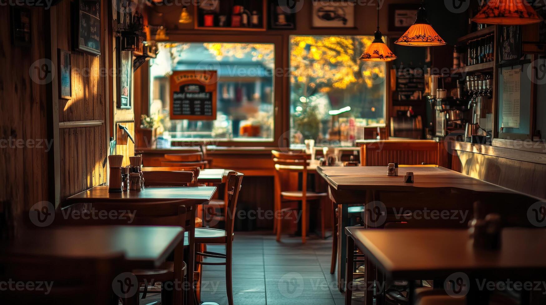 A restaurant with tables and chairs in the sunlight photo