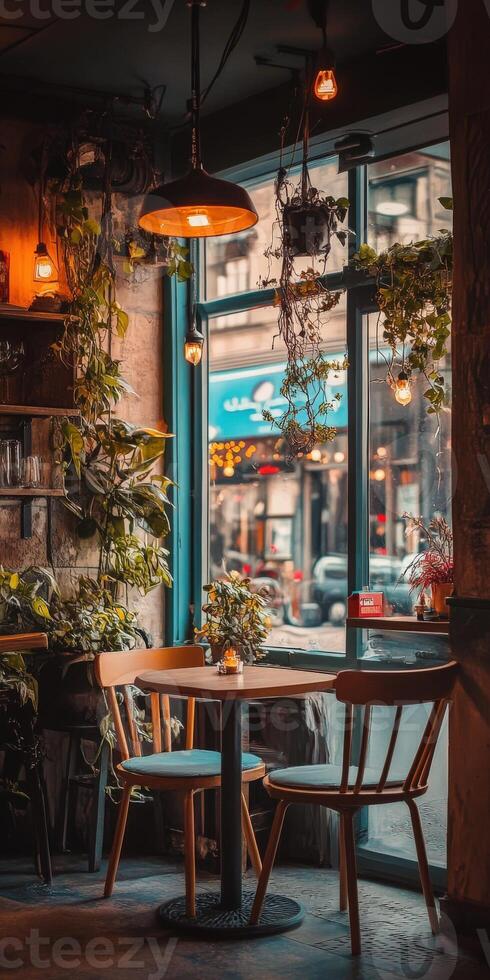 A restaurant with a table and chairs in front of a window photo