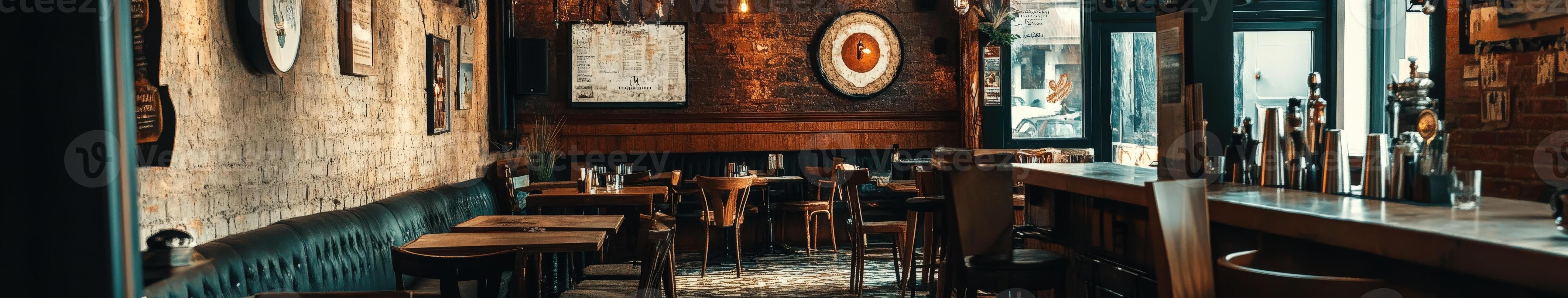 Cozy empty restaurant adorned with rustic decor and warm lighting photo