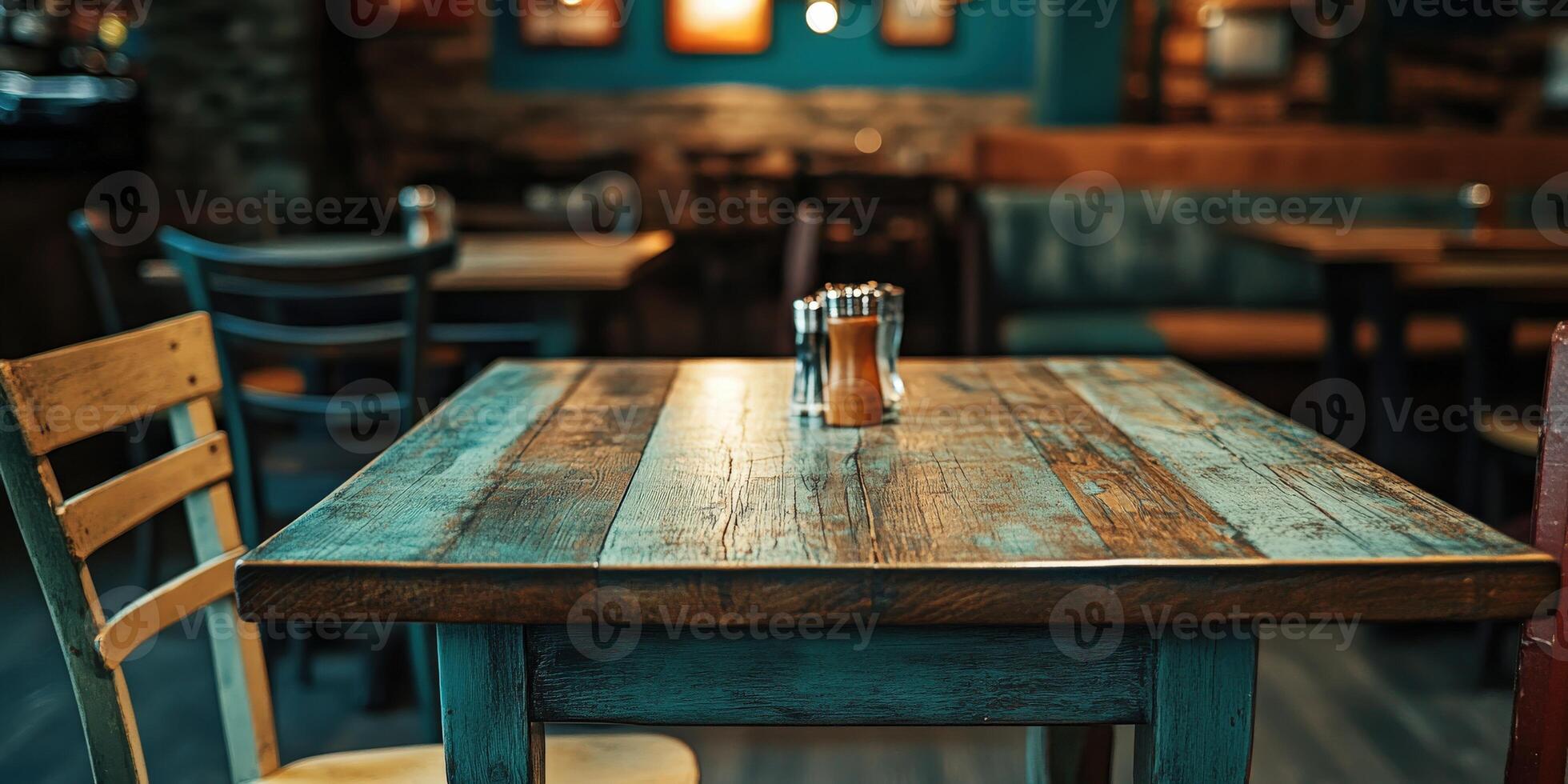 Cozy empty restaurant with rustic wooden table and chairs in warm lighting photo