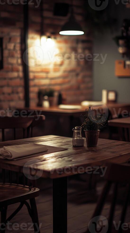 Cozy, empty restaurant with rustic decor and warm lighting at night photo