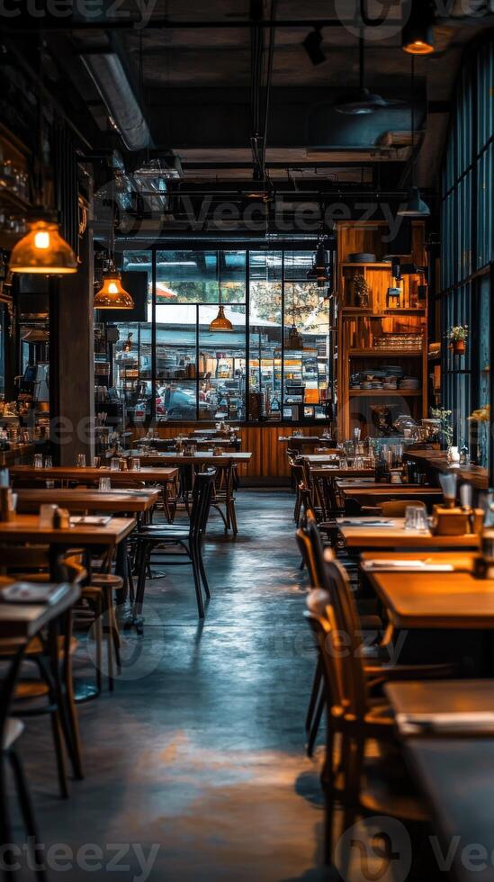 Cozy empty restaurant with warm lighting and inviting decor at dusk photo