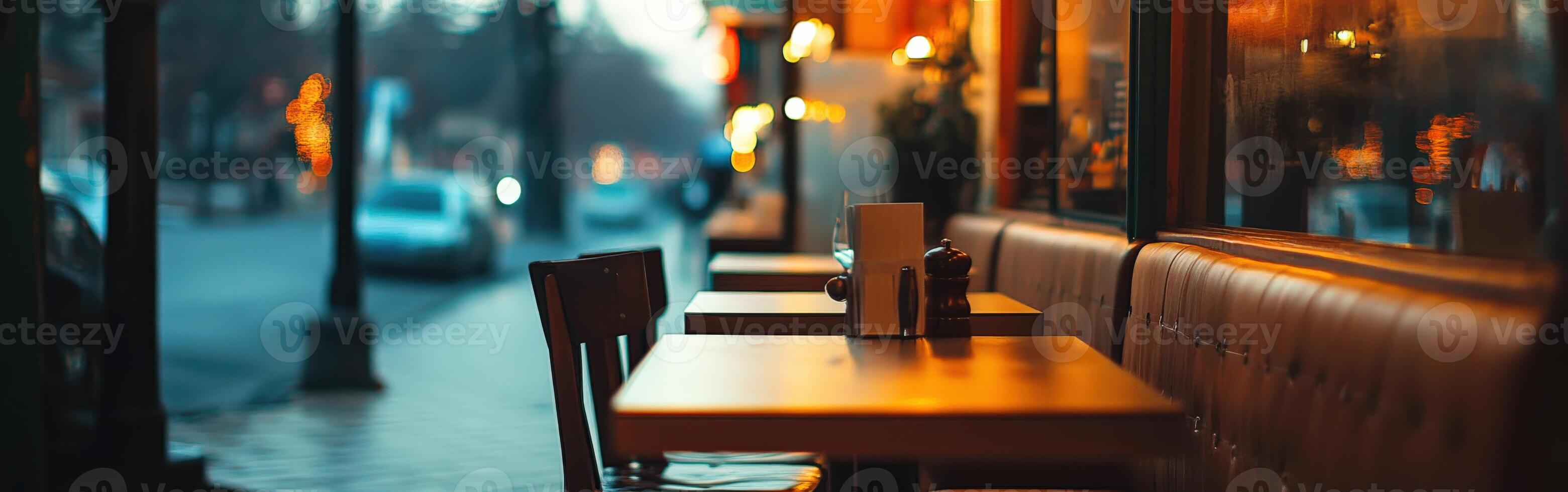 Cozy empty restaurant at dusk with warm lighting and inviting decor photo