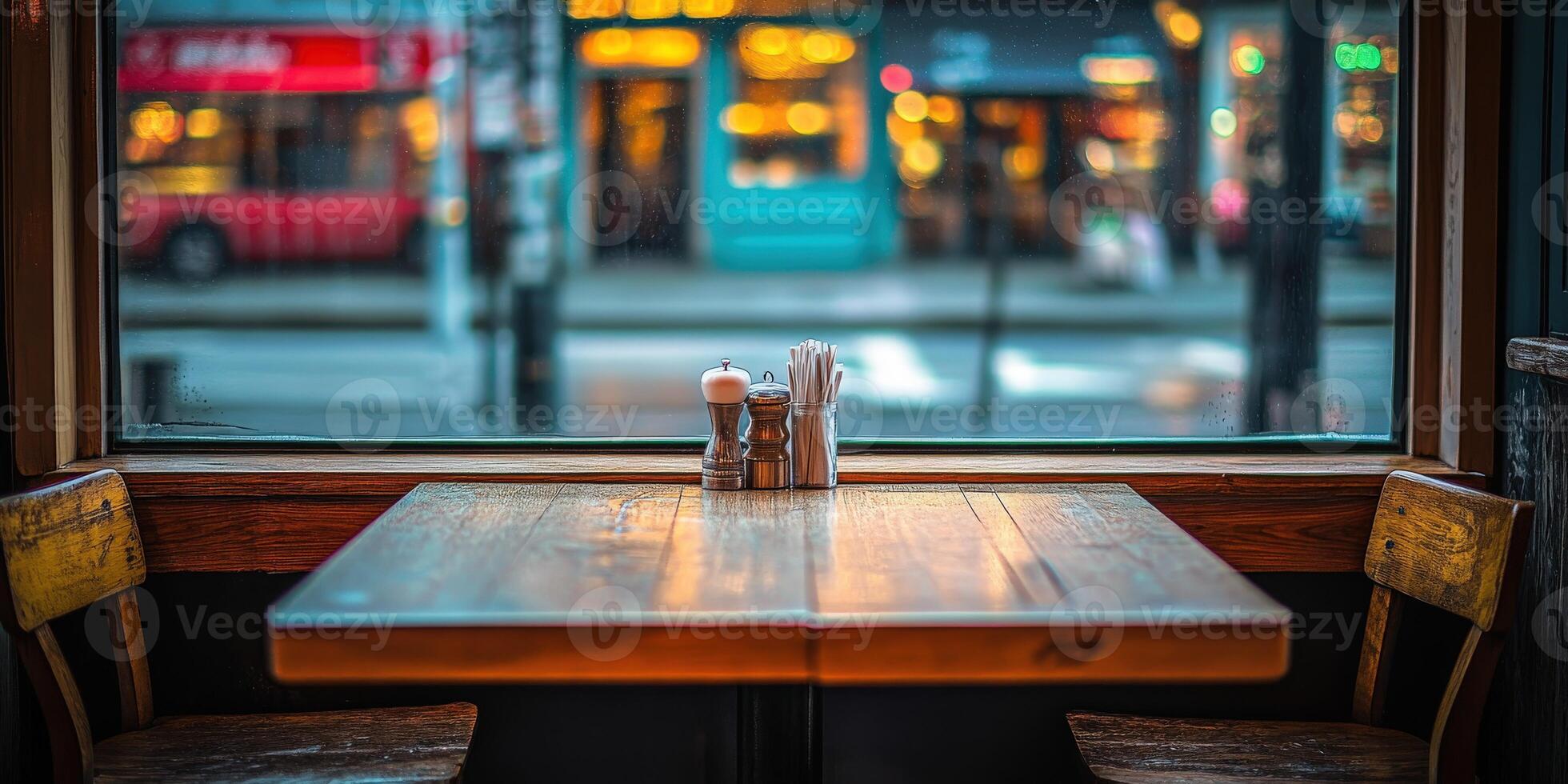 A cozy empty restaurant table by the window during a rainy evening photo