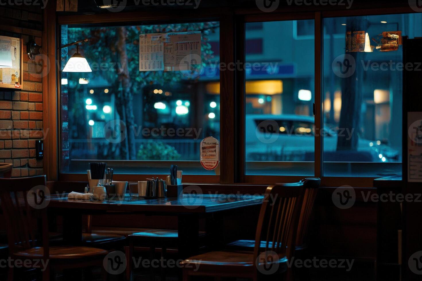 Cozy empty restaurant at night with warm lighting and street view photo