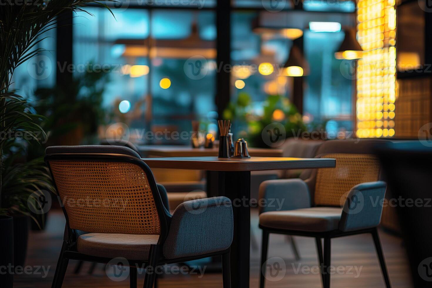 A cozy evening in an empty restaurant with warm lighting and plants photo