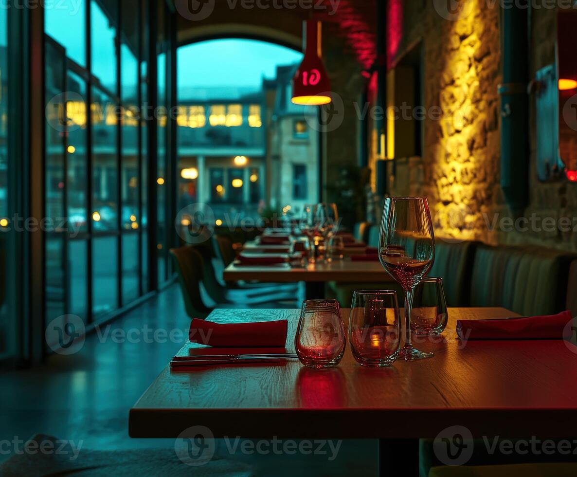 Cozy and inviting empty restaurant setting with modern decor at dusk photo