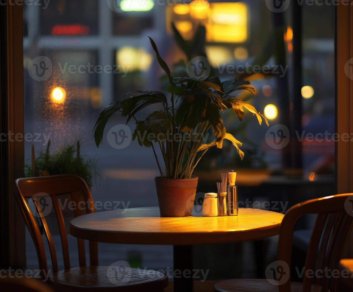 Cozy empty restaurant with a warm ambiance and a table set for two photo