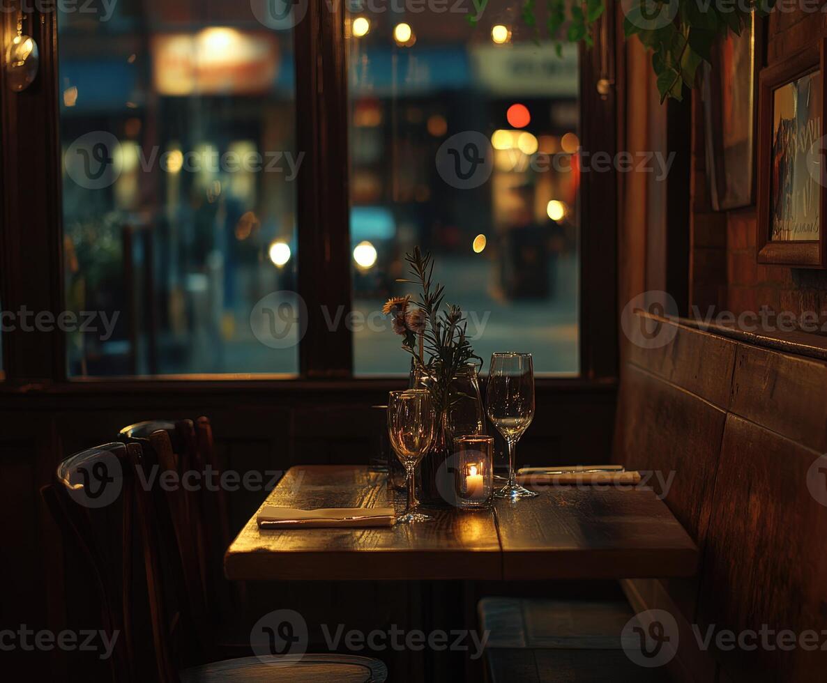 Cozy empty restaurant table with candles in evening ambiance photo