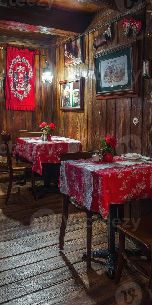 Cozy interior of an empty rustic restaurant with charming red tablecloths photo