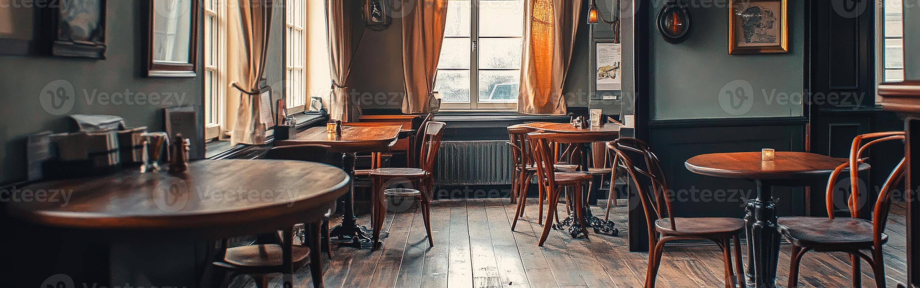 Cozy empty restaurant interior with wooden tables and warm lighting photo