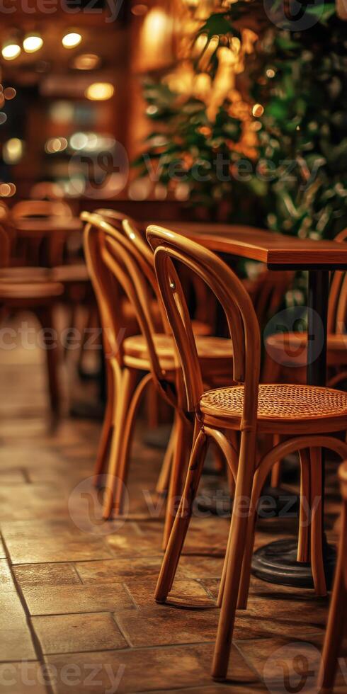 Inviting interior of a cozy, empty restaurant during a quiet evening photo