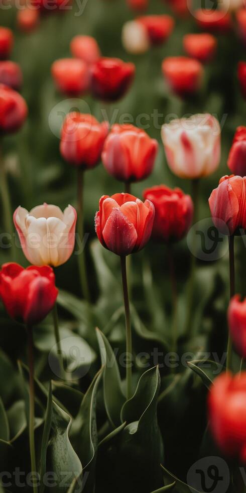 Fields of vibrant tulips blooming beautifully during springtime photo