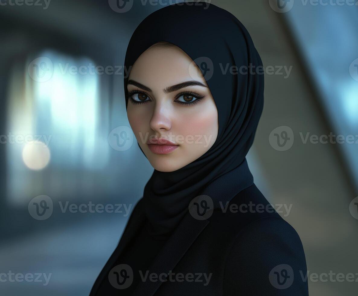 Young woman in a black hijab wearing a professional outfit indoors photo
