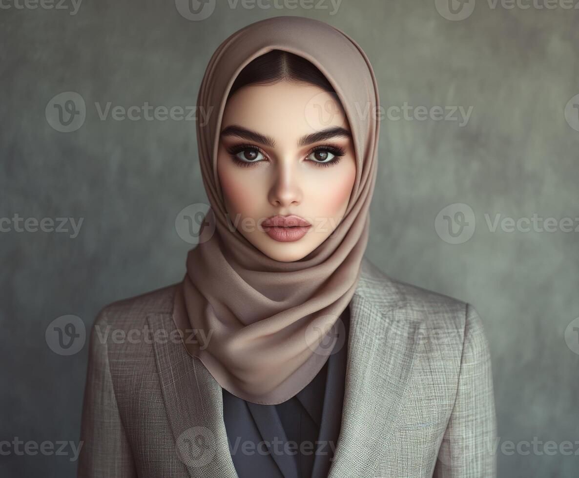 Elegant woman in a stylish hijab and blazer against a textured backdrop photo