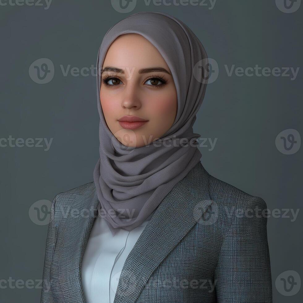 Professional woman in a hijab poses confidently in a business setting photo
