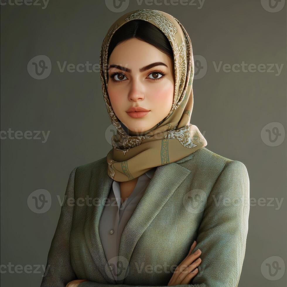 Young woman in a stylish hijab and suit, confidently posing indoors photo