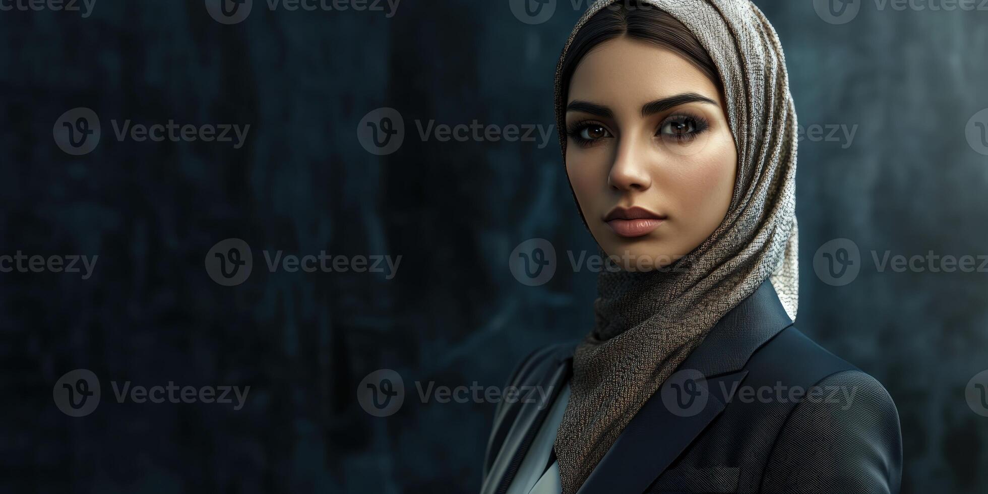 Elegant woman in a hijab posing confidently against a dark background photo