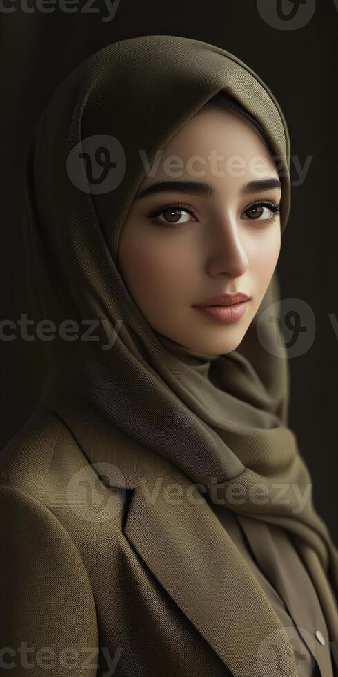 Elegant woman wearing a hijab poses indoors with soft lighting photo
