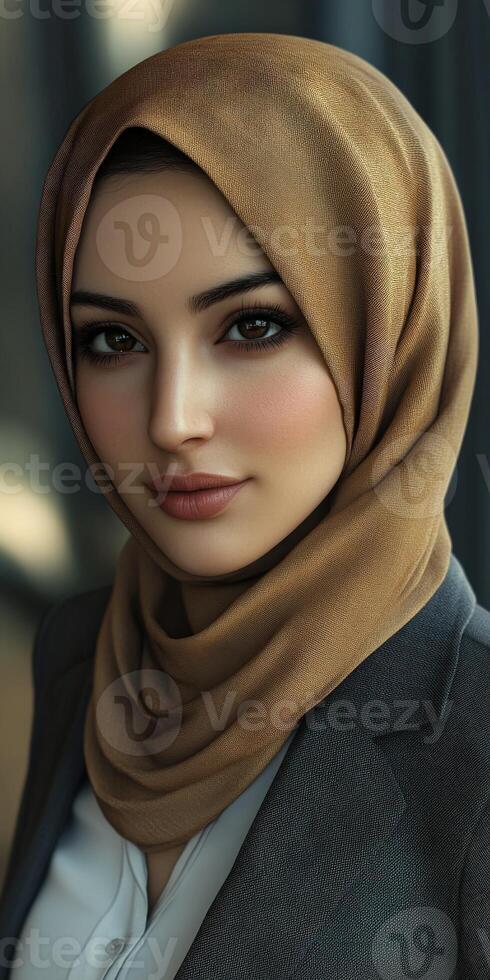 A young woman wearing a brown hijab and a blazer in a modern setting photo