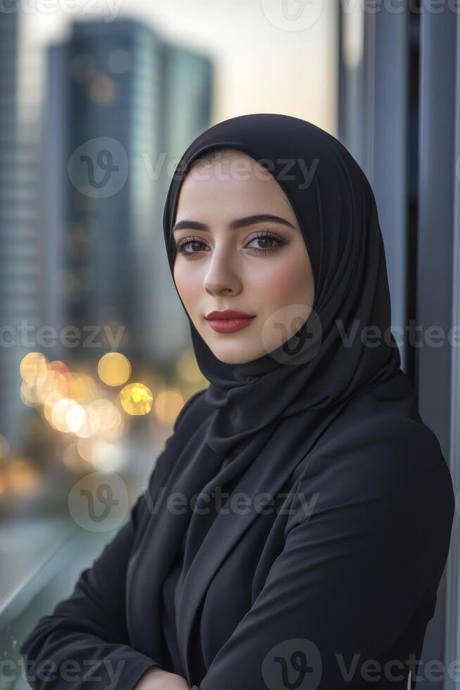 Young woman in hijab poses confidently outdoors during sunset in the city photo