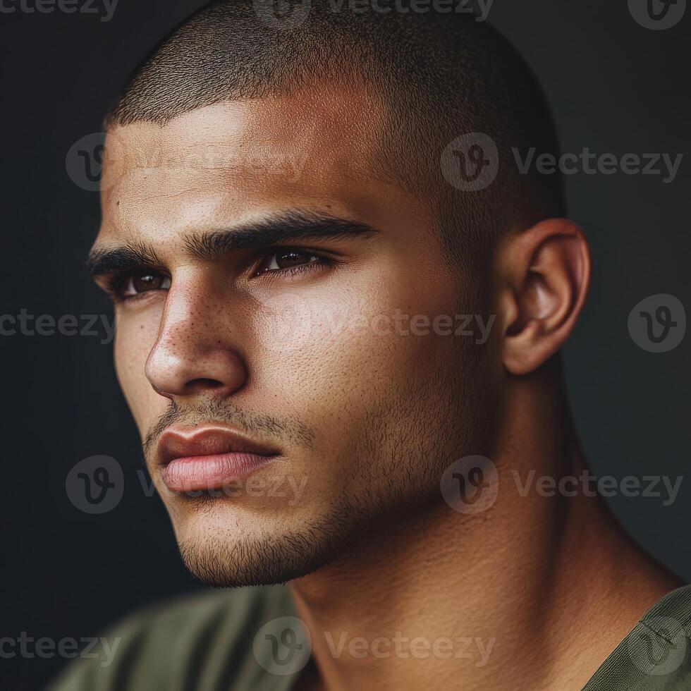 An athletic, handsome man gazes thoughtfully into the distance photo