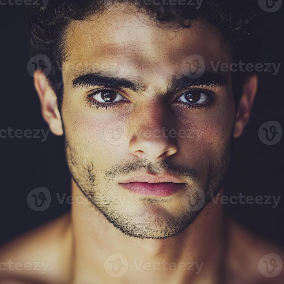 Handsome young man with striking features in a dimly lit setting photo