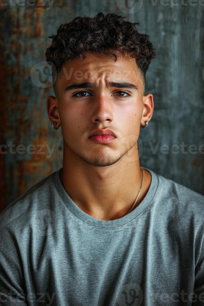 Handsome athletic man with curly hair posed against a textured backdrop photo