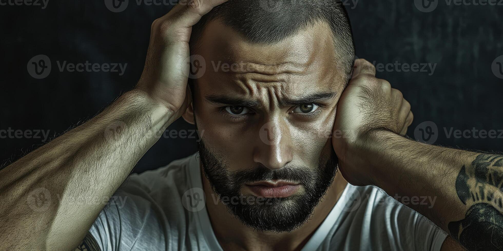 Athletic man with striking features and tattoos in a moody portrait setting photo
