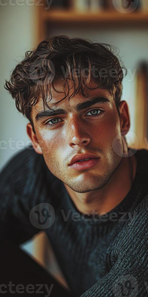 An athletic man with tousled dark hair gazes confidently at the viewer photo