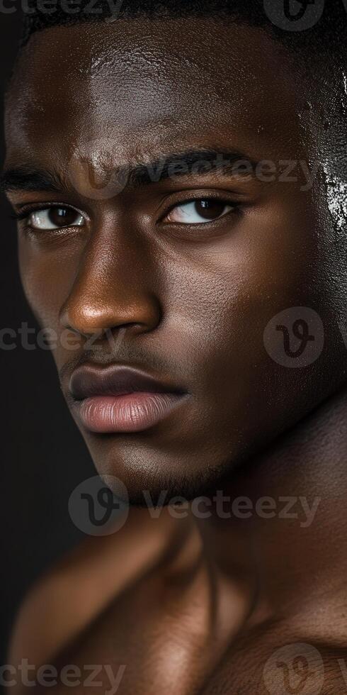 Athletic man poses confidently against a dark background in a close-up shot photo