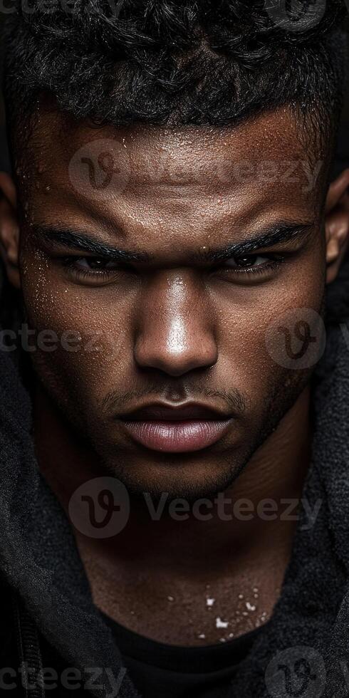 Athletic handsome man with intense expression in dark setting at dawn photo