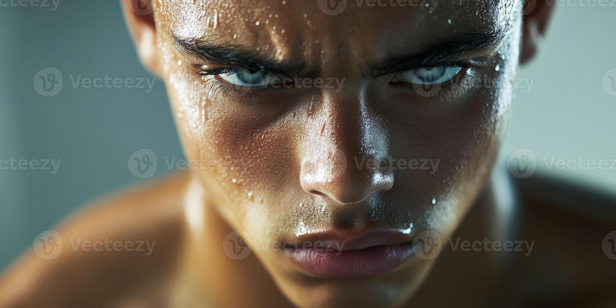 Handsome athletic man showing determination after intense workout session photo