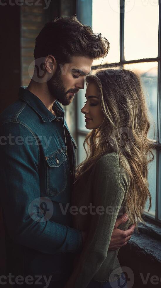 Young couple embraces by a large window during sunset in an urban setting photo