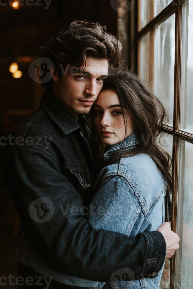 Two young adults embracing by a window in an urban setting photo