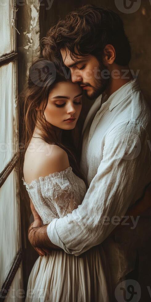 Couple embracing tenderly in a softly lit room by a window photo