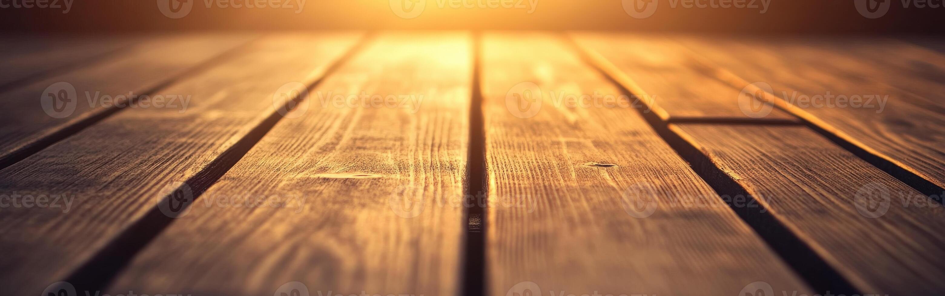 Warm sunlight shining on a rustic wooden surface during sunset glow photo