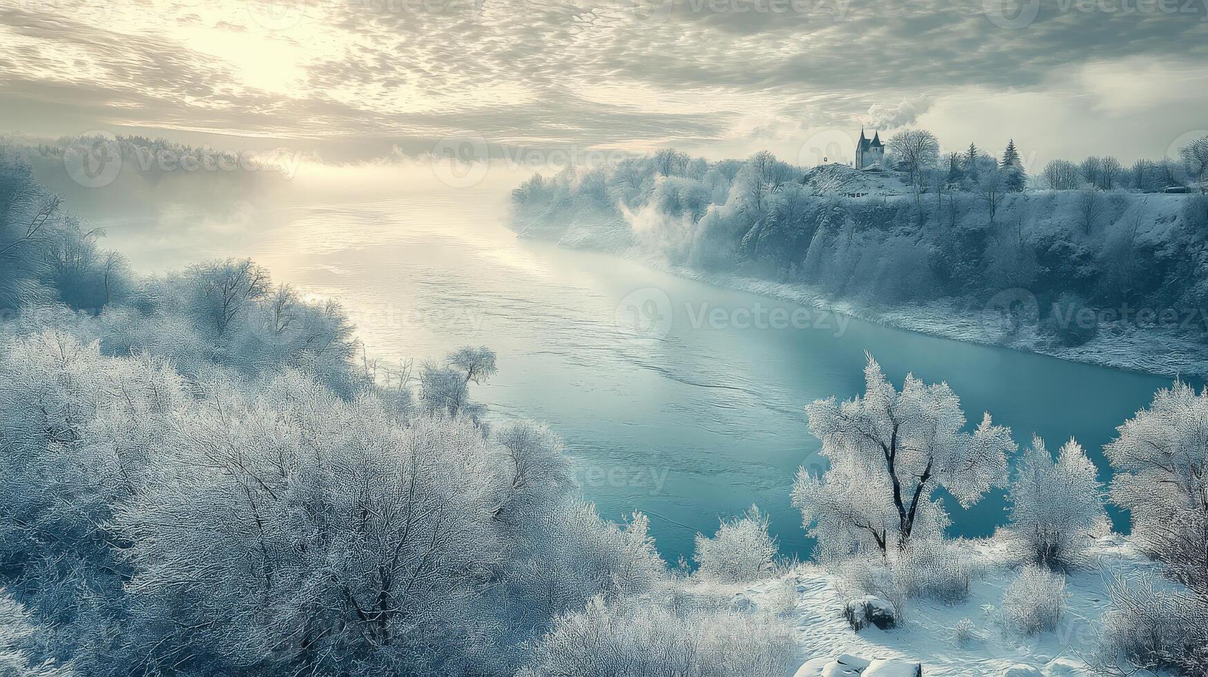 River valley in winter with frosty trees and overcast sky at dawn photo