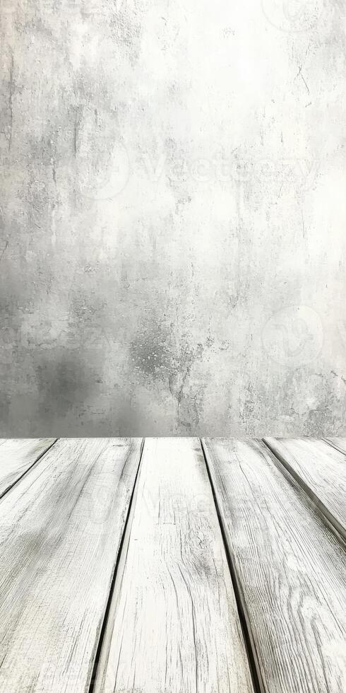 Wooden table against a textured concrete wall in a bright setting photo